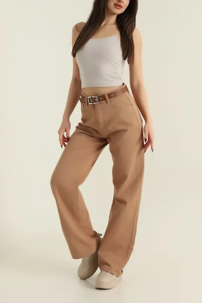 Kahve Kemerli Palazzo Camel Kadın Kot Pantolon 422450