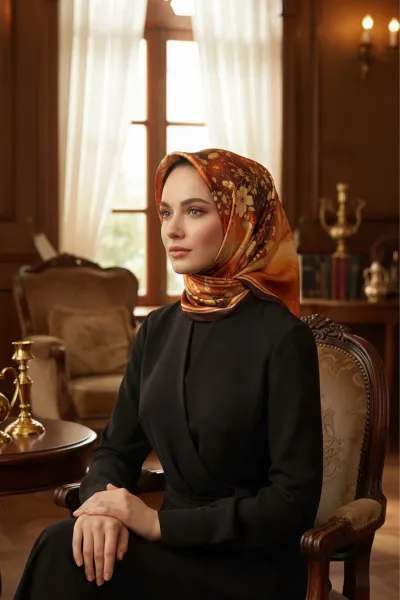 Kahve - Kiremit 90x90 Cm Dijital Baskılı Tuval Desen Kutulu Twill Eşarp 500933