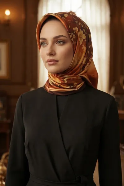 Kahve - Kiremit 90x90 Cm Dijital Baskılı Tuval Desen Kutulu Twill Eşarp 500933