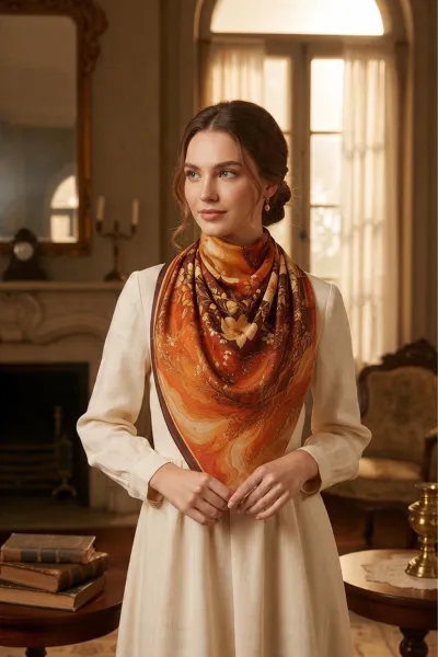 Kahve - Kiremit 90x90 Cm Dijital Baskılı Tuval Desen Kutulu Twill Eşarp 500933