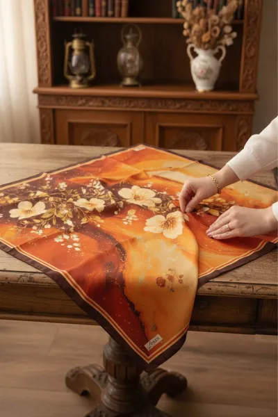 Kahve - Kiremit 90x90 Cm Dijital Baskılı Tuval Desen Kutulu Twill Eşarp 500933