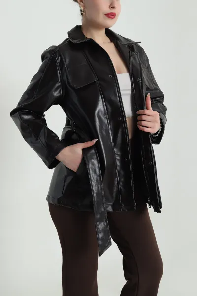 Kahve Kuşaklı Shagreen Deri Kadın Trenç 491525