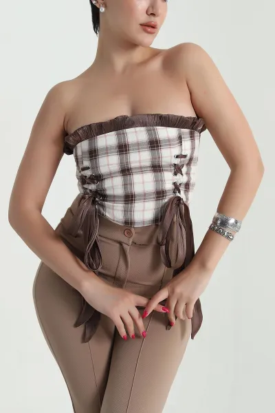 Kahve Laress Check Ekose Kadın Büstiyer 474433