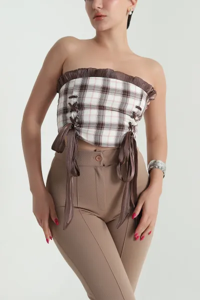 Kahve Laress Check Ekose Kadın Büstiyer 474433