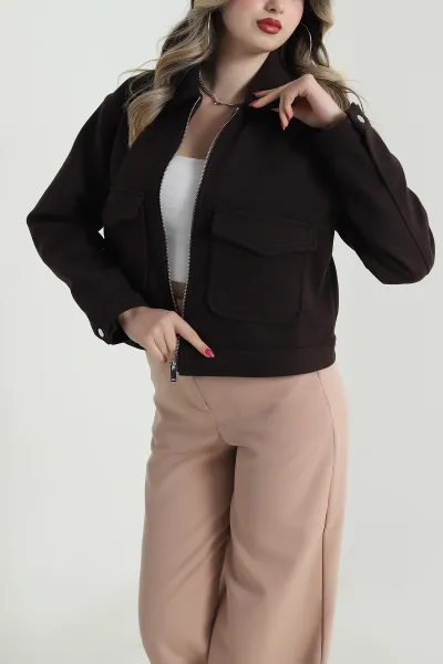 Kahve Önü Cepli Kısa Kaşe Kadın Ceket 492493