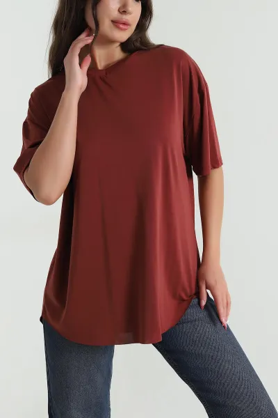 Kahve Oval Kesim Modal Kadın Tişört 472546