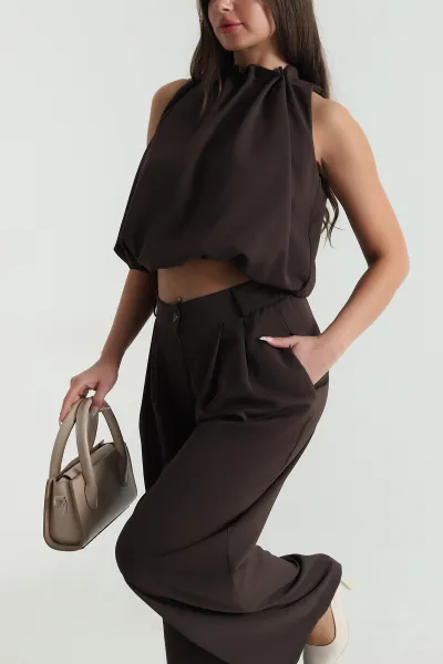Kahve Pantolon Bluz Linda Kadın İkili Takım 484192