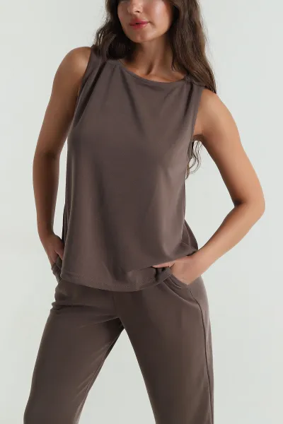 Kahve Pantolon Bluz Pike Modal Kadın İkili Takım 471411