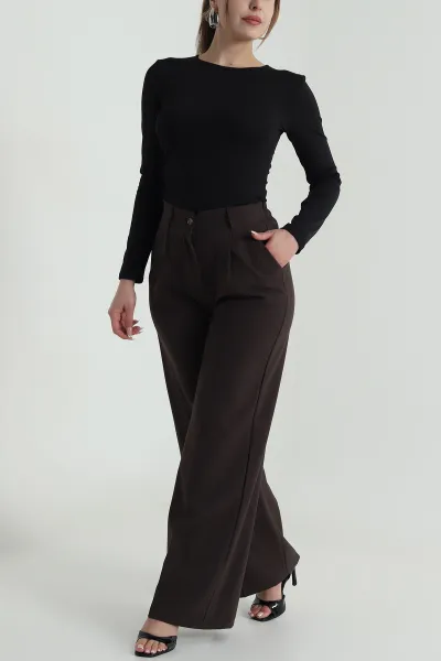 Kahve Pileli Cepli Double Kadın Pantolon 486951