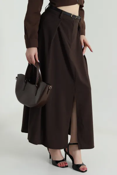 Kahve Pileli Yırtmaçlı Bezayağı Kadın Etek 497721