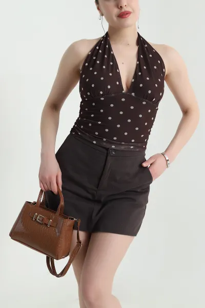 Kahve Puantiyeli Astarlı Kadın Tül Bluz 454498
