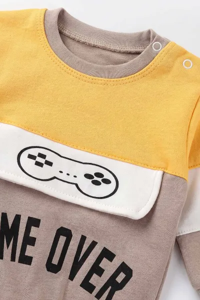 Kahve Sarı (9-24 Ay)Game Over Baskılı Garni Detay Lastikli Paça Penye Erkek Bebek Takım 480181