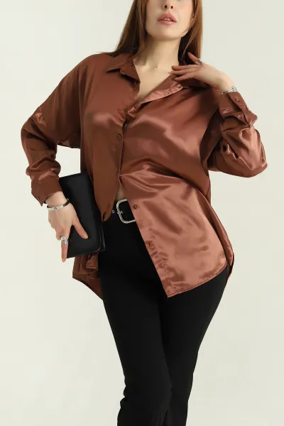 Kahve Saten Bayan Gömlek 334994