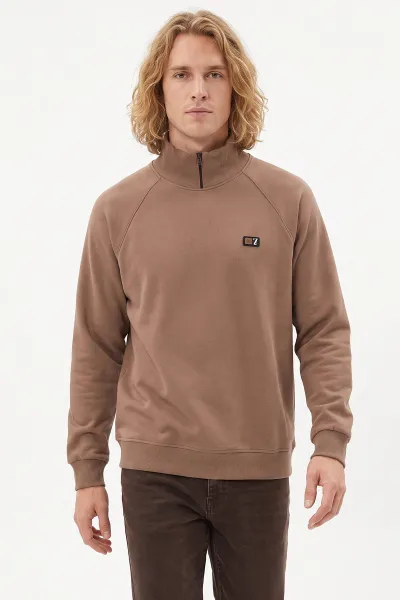 Kahve Selanik Yarım Fermuarlı Boğazlı Erkek Sweat 497731