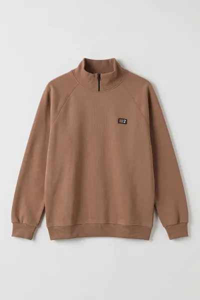 Kahve Selanik Yarım Fermuarlı Boğazlı Erkek Sweat 497731