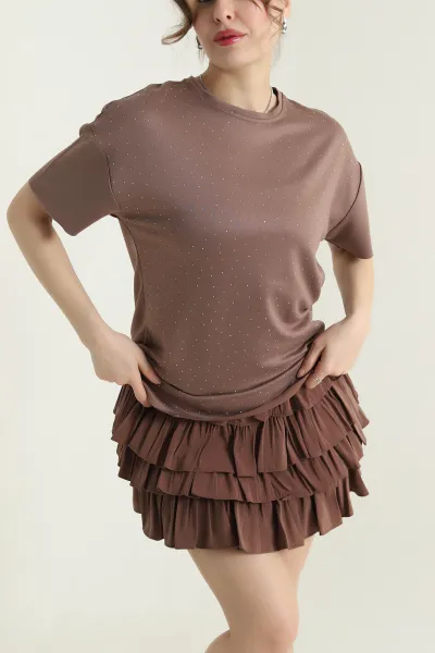 Kahve Serpme Taşlı Kadın Tişört 435708