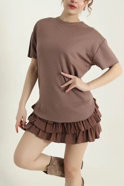 Kahve Serpme Taşlı Kadın Tişört 435708