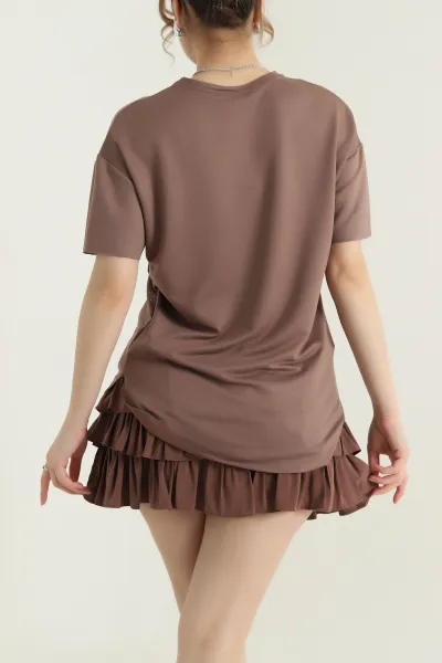 Kahve Serpme Taşlı Kadın Tişört 435708
