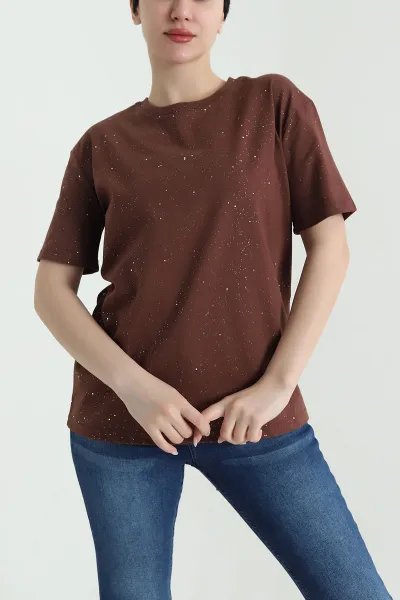 Kahve Simli İnterlok Bisiklet Yaka Kadın Tişört 447533