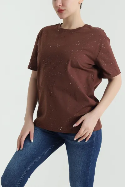 Kahve Simli İnterlok Bisiklet Yaka Kadın Tişört 447533