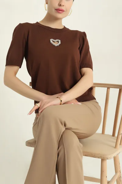Kahve Taş İşlemeli Recycle Triko Bluz 355385