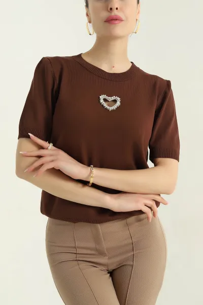 Kahve Taş İşlemeli Recycle Triko Bluz 355385