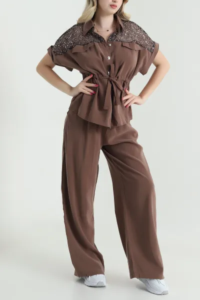 Kahve Tencel Pul Detay Kadın İkili Takım 463350