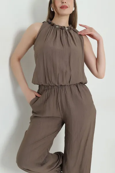 Kahve Yaka Boncuklu Çilek Kadın İkili Takım 469713