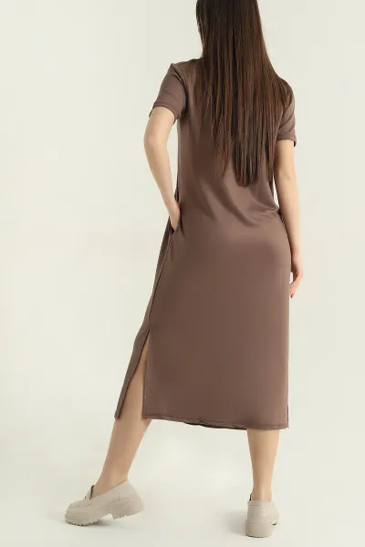 Kahve Yakalı Cepli Oysho Kumaş Elbise 358930