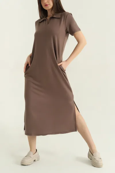 Kahve Yakalı Cepli Oysho Kumaş Elbise 358930