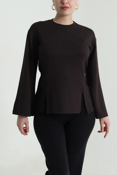 Kahve Yırtmaçlı Bağlamalı Modal Kadın Bluz 493799