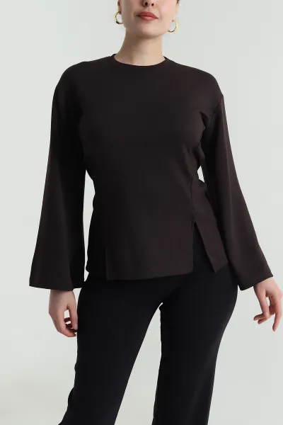 Kahve Yırtmaçlı Bağlamalı Modal Kadın Bluz 493799