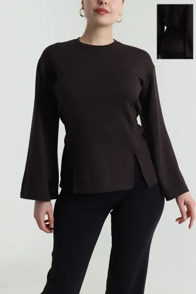 Kahve Yırtmaçlı Bağlamalı Modal Kadın Bluz 493799