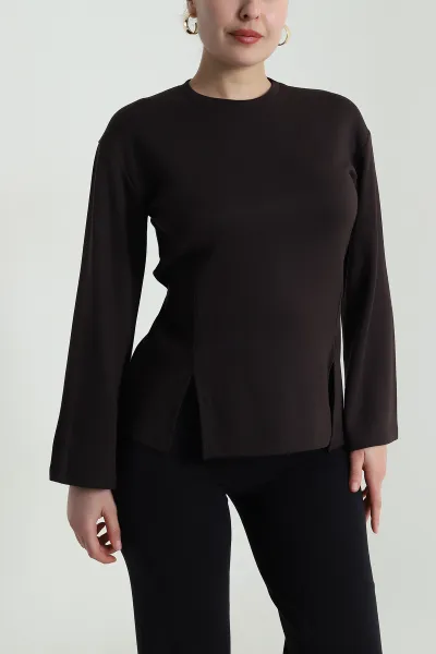Kahve Yırtmaçlı Bağlamalı Modal Kadın Bluz 493799