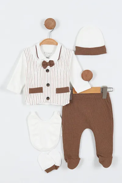 Kahverengi (0-3 Ay) Çizgi Desen Papyonlu Patikli Yenidoğan Erkek Bebek 5'li Set 336153