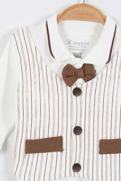 Kahverengi (0-3 Ay) Çizgi Desen Papyonlu Patikli Yenidoğan Erkek Bebek 5'li Set 336153