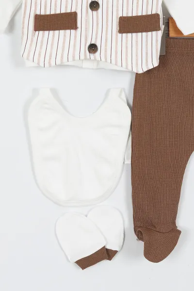 Kahverengi (0-3 Ay) Çizgi Desen Papyonlu Patikli Yenidoğan Erkek Bebek 5'li Set 336153