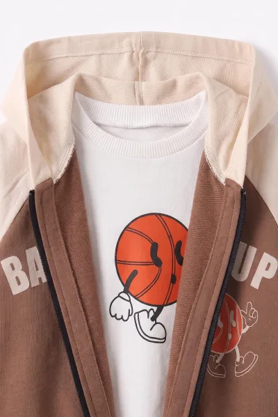 Kahverengi (0-4 Yaş) Basketball Baskılı Kapüşonlu Fermuarlı Hırkalı Erkek Çocuk 2 İp 3'lü Takım 471509
