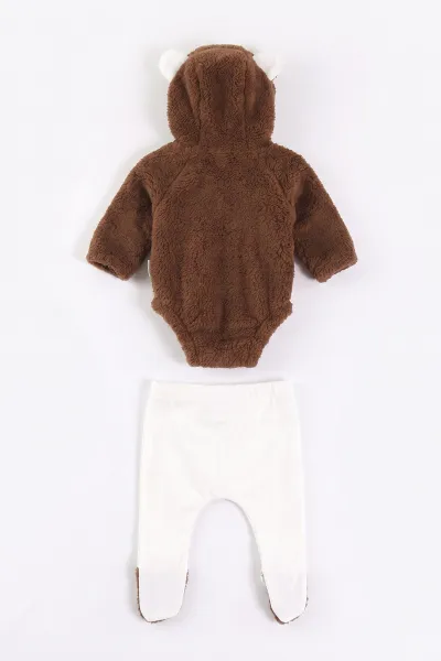 Kahverengi (0-9 Ay) Ayıcık Nakışlı Peluş Çıtçıtlı Badili Patikli Alt Erkek Bebek Takım 497563