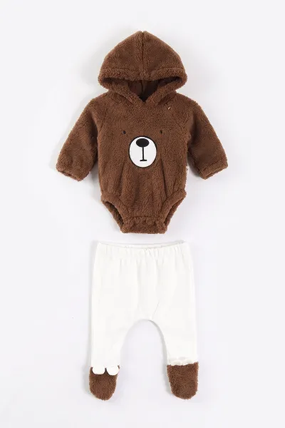 Kahverengi (0-9 Ay) Ayıcık Nakışlı Peluş Çıtçıtlı Badili Patikli Alt Erkek Bebek Takım 497563