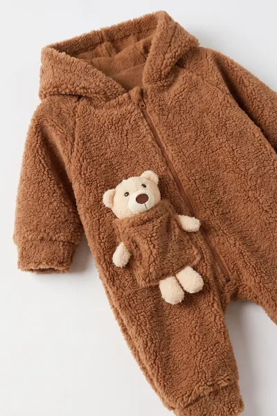 Kahverengi (1-3 Yaş) Ayı Oyuncaklı Kapüşonlu Unisex Çocuk&Bebek Peluş  Tulum 495651