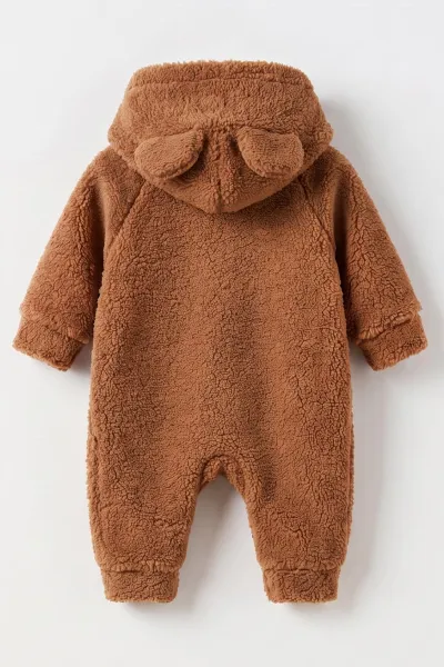 Kahverengi (1-3 Yaş) Ayı Oyuncaklı Kapüşonlu Unisex Çocuk&Bebek Peluş  Tulum 495651