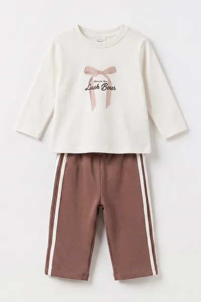 Kahverengi (1-4 Yaş) Fiyonk Baskılı  Badili Bow Girl  Nakışlı Ceketli Alt Şardonlu   Kız Çocuk&Bebek 3'lü Takım 495283