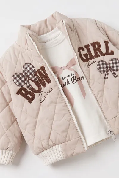 Kahverengi (1-4 Yaş) Fiyonk Baskılı  Badili Bow Girl  Nakışlı Ceketli Alt Şardonlu   Kız Çocuk&Bebek 3'lü Takım 495283