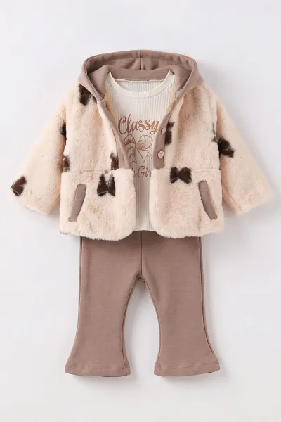 Kahverengi (1-4 Yaş) Kapüşonlu Peluş Montlu Fitilli Badili Kız Çocuk&Bebek 3'lü Takım 490186