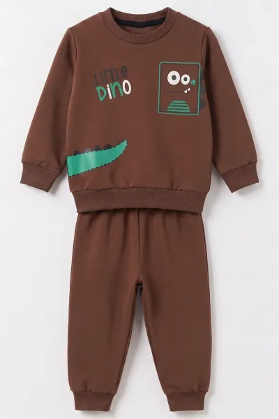 Kahverengi (1-4 Yaş) Little Dino Baskılı 2 İp Erkek Çocuk&Bebek Mevsimlik Takım 495082