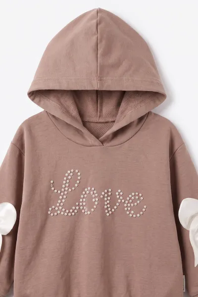 Kahverengi (1-4 Yaş) Love İnci Baskılı Kapüşonlu Sweatli  2 İp Kız Çocuk&Bebek 2'li Takım 495257