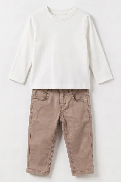 Kahverengi (1-5 Yaş) Bodyli Triko Kazaklı  Gabardin Pantolonlu Erkek Çocuk 3'lü Takım 500876
