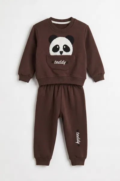 Kahverengi (1-5 Yaş) Panda Nakışlı Cep Detay 3 İp Şardonlu Erkek Çocuk Kışlık Takım 486836