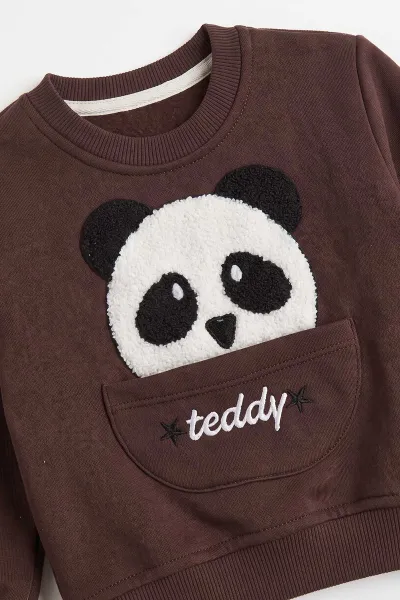 Kahverengi (1-5 Yaş) Panda Nakışlı Cep Detay 3 İp Şardonlu Erkek Çocuk Kışlık Takım 486836